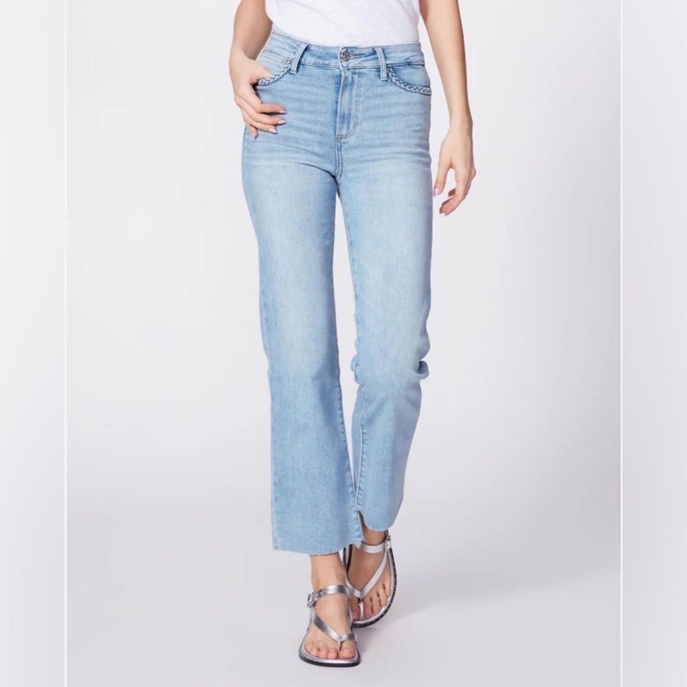 PAIGE Atley Ankle Flare with Braid Detail Raw Hem in Joannis Light Wash 25